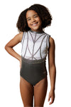 Girl staning infront of a beige background, wearing a white & gunmetal grey gymnastics leotard. The top half of the letoard is white and is not see through. It is encrusted with crystals and features gunmetal grey shiny applique detailing. The lower half is shiny gunmetal mystique fabric. Fully lined.
