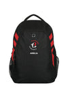 Blackwood gymsports club backpack. Black bag with red stripes infront of a white backdrop. The bag features the club's red & white logo print with an optional name below.