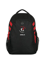 Blackwood gymsports club backpack. Black bag with red stripes infront of a white backdrop. The bag features the club's red & white logo print with an optional name below.