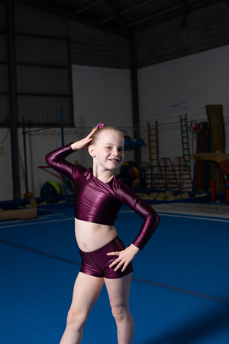 Burgundy Shine Lycra Long Sleeve Crop